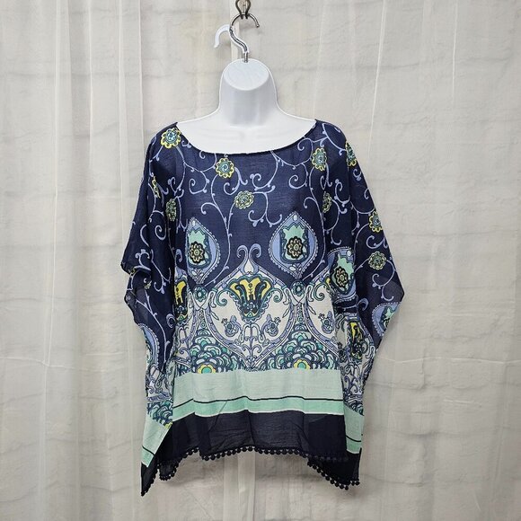 Talbots Blue Green Peasant Blouse Silk Blend Boho Festival Retro L - Picture 10 of 10